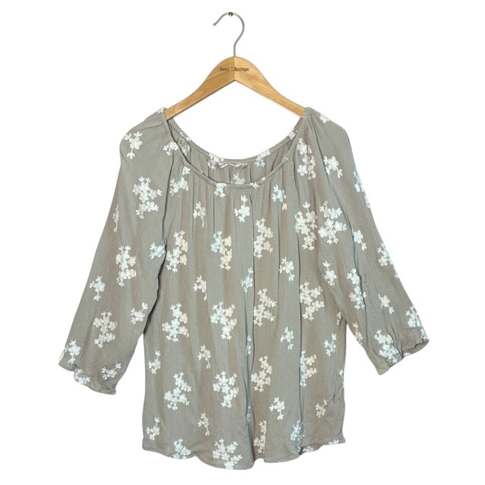 SOFT SURROUNDINGS 1X Taupe Floral Embroidered Blouse Boho Textured Gauzy